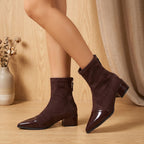 Women's Contrast-Texture Pointed-Toe Boots on a Block Heel