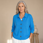 Women's Polo-Collar Light Rib Cardigan for Office to Evening - Blue