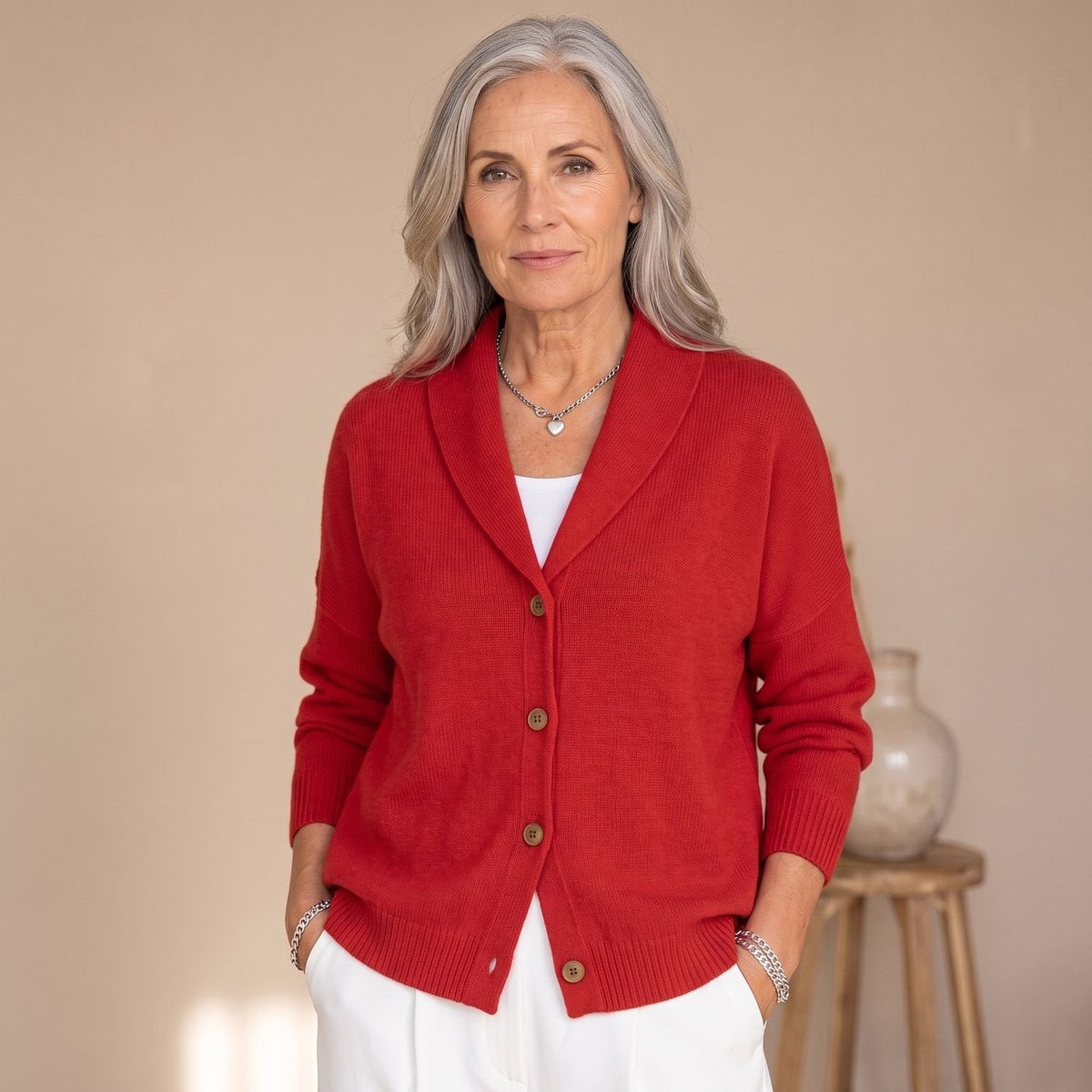 Women's Polo-Collar Light Rib Cardigan for Office to Evening - Red