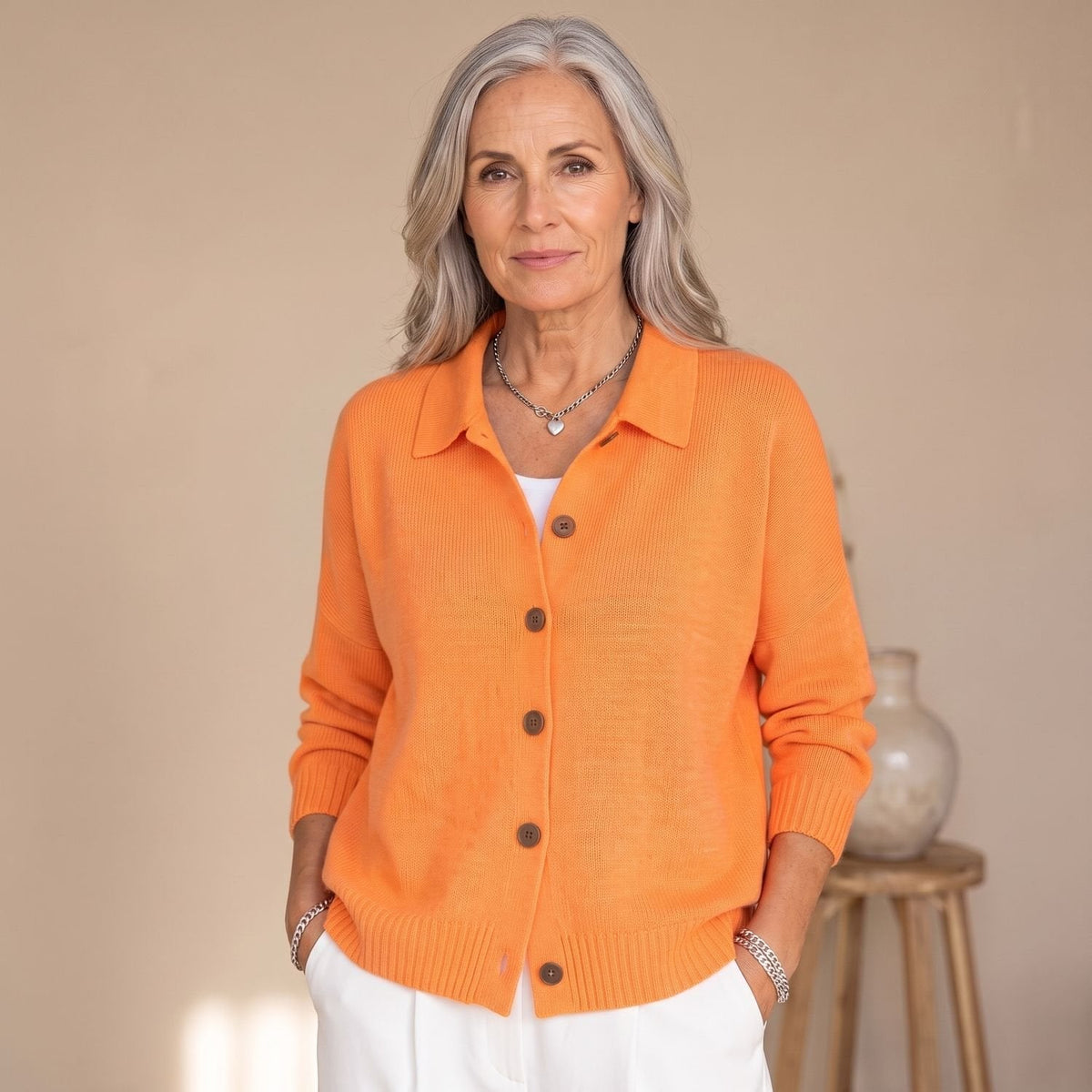 Women's Polo-Collar Light Rib Cardigan for Office to Evening - Orange