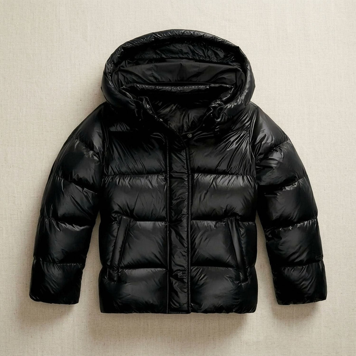Women's Clean-Quilted Hooded Puffer Jacket in a Straight Cut - Black