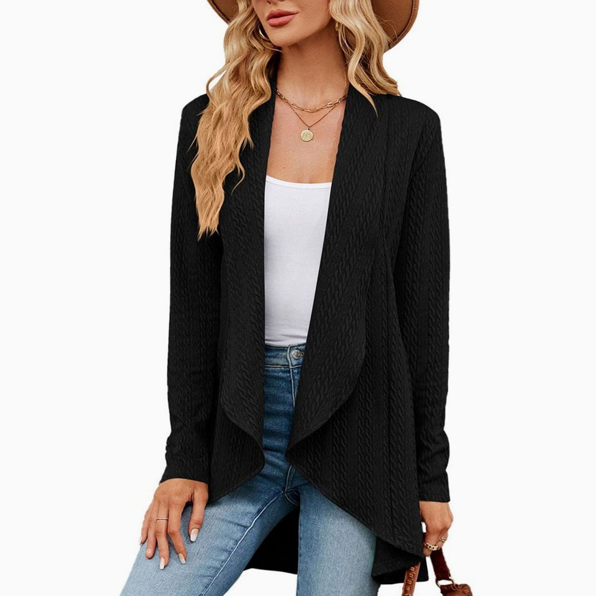 Women's Long Cable-Knit Cardigan with Uneven Draped Hem - Black
