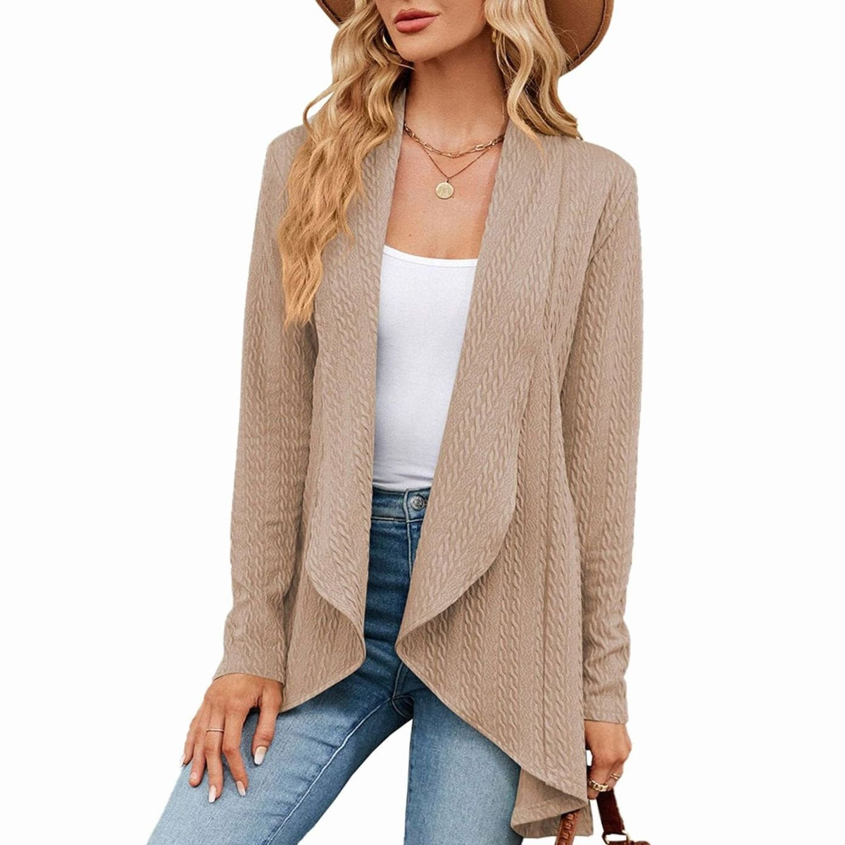 Women's Long Cable-Knit Cardigan with Uneven Draped Hem - Khaki