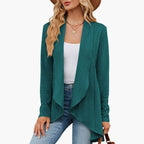 Women's Long Cable-Knit Cardigan with Uneven Draped Hem - Winter Green