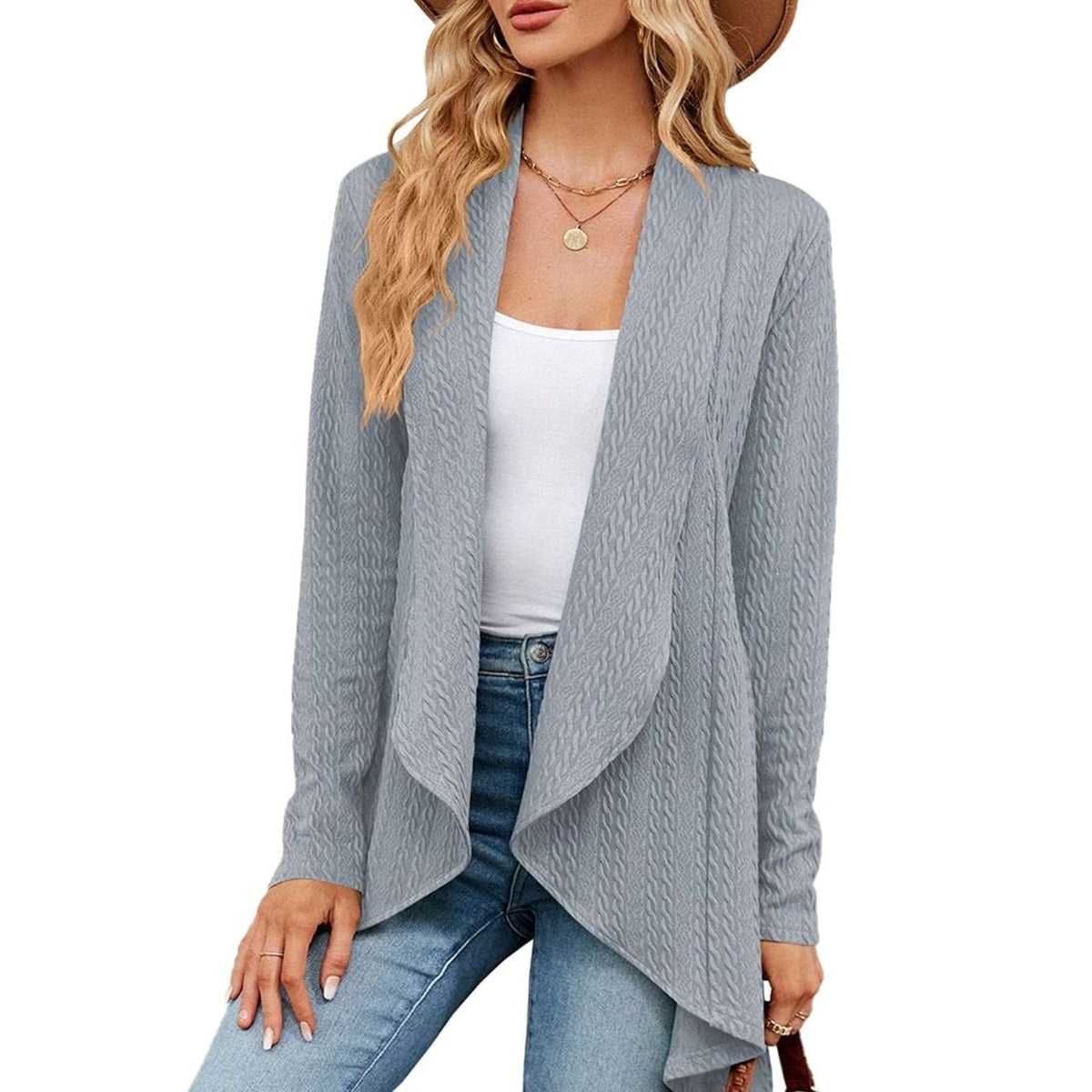 Women's Long Cable-Knit Cardigan with Uneven Draped Hem - Grey