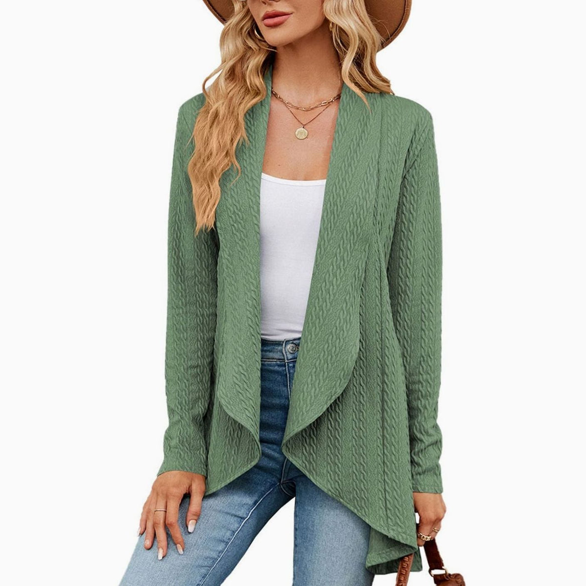 Women's Long Cable-Knit Cardigan with Uneven Draped Hem - Sage Green