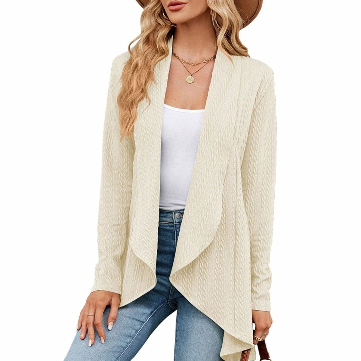 Women's Long Cable-Knit Cardigan with Uneven Draped Hem - Apricot
