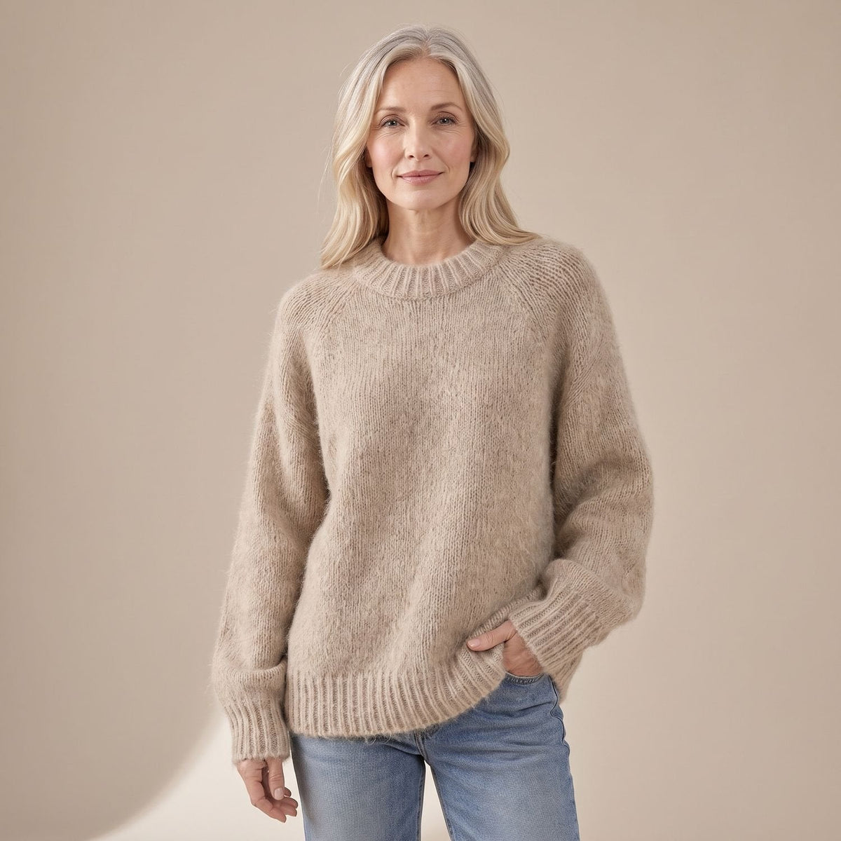 Women's Soft Fluffy Knit Jumper in a Relaxed Raglan Cut - Beige