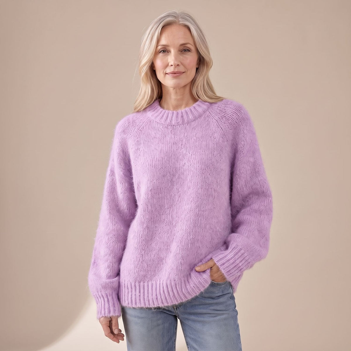 Women's Soft Fluffy Knit Jumper in a Relaxed Raglan Cut - Purple