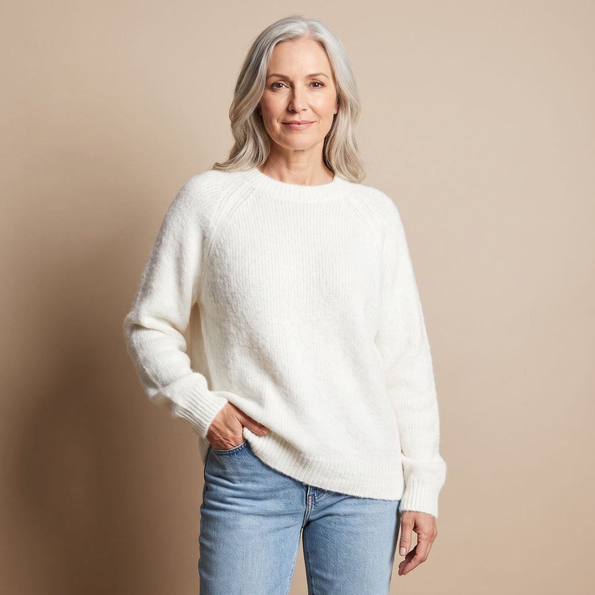 Women's Soft Fluffy Knit Jumper in a Relaxed Raglan Cut - White