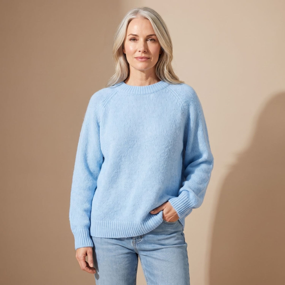 Women's Soft Fluffy Knit Jumper in a Relaxed Raglan Cut - Blue