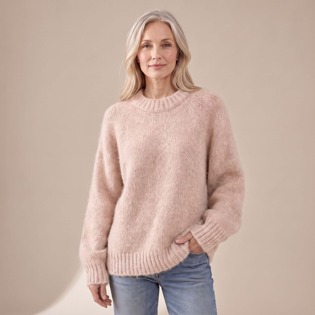 Women's Soft Fluffy Knit Jumper in a Relaxed Raglan Cut - Pink