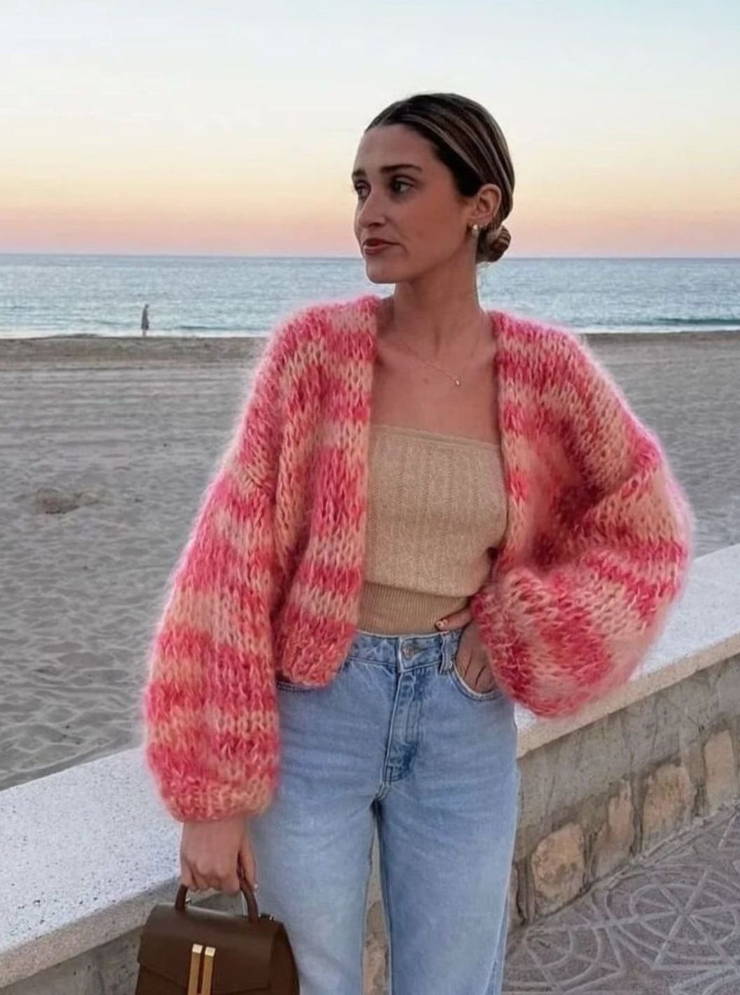 Women's High-Hip Striped Chunky Cardigan with Roomy Fit - Pink
