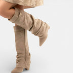 Women's Ruched Low-Heel Tall Boots with Pointed Toe and Side Buckle - Light Brown