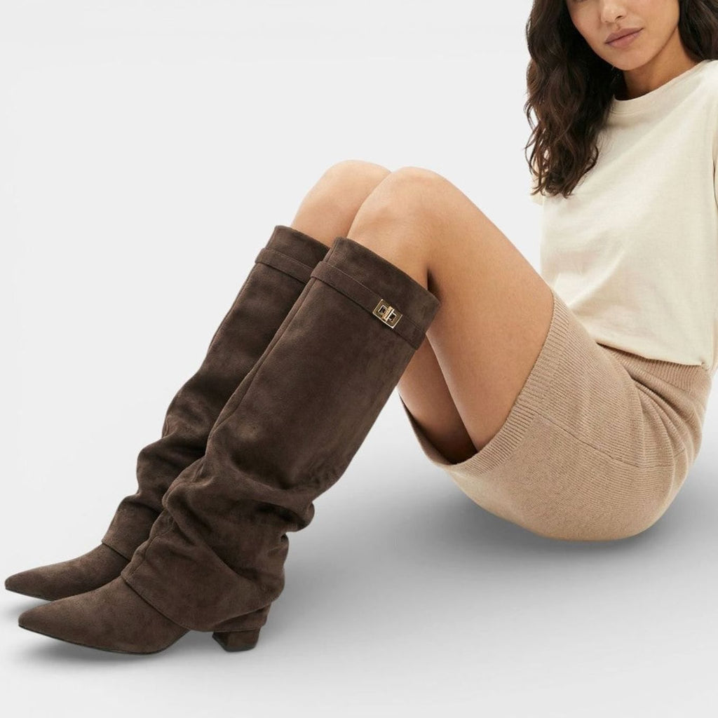Women's Ruched Low-Heel Tall Boots with Pointed Toe and Side Buckle