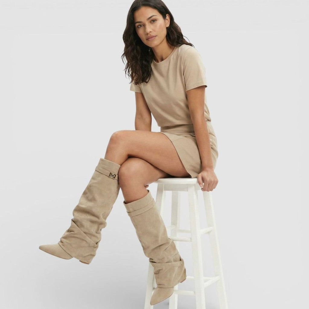 Women's Ruched Low-Heel Tall Boots with Pointed Toe and Side Buckle