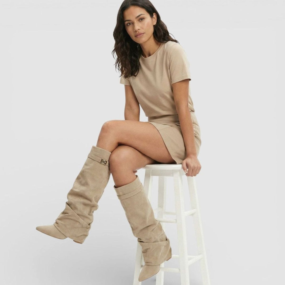 Women's Ruched Low-Heel Tall Boots with Pointed Toe and Side Buckle