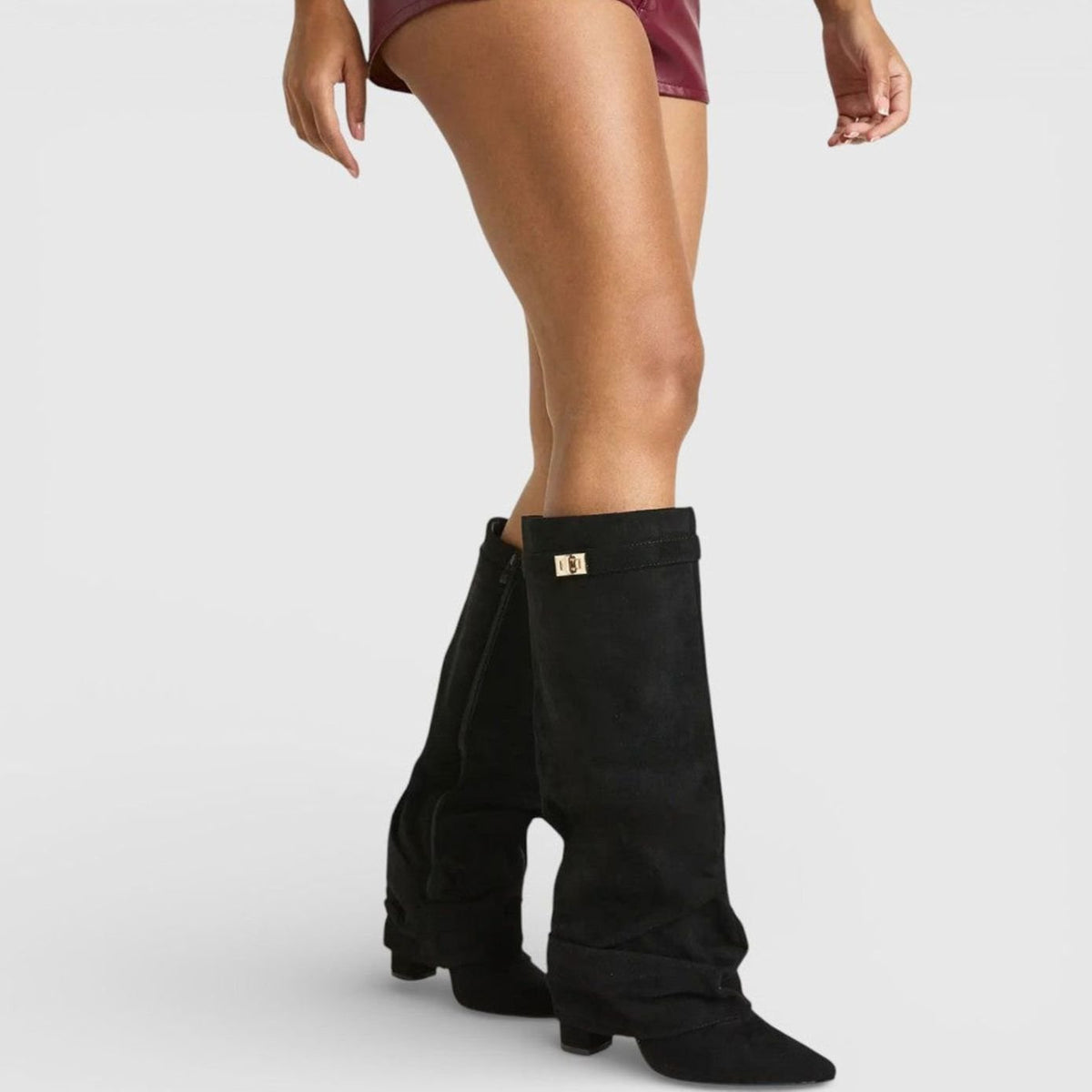 Women's Ruched Low-Heel Tall Boots with Pointed Toe and Side Buckle - Black