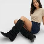 Women's Ruched Low-Heel Tall Boots with Pointed Toe and Side Buckle