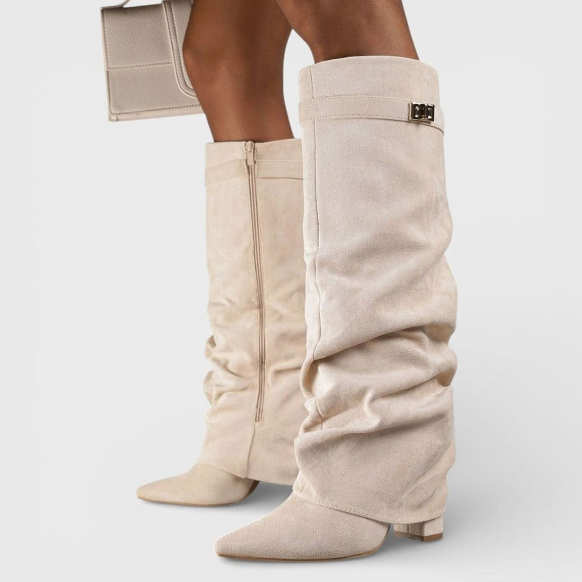 Women's Ruched Low-Heel Tall Boots with Pointed Toe and Side Buckle - Beige