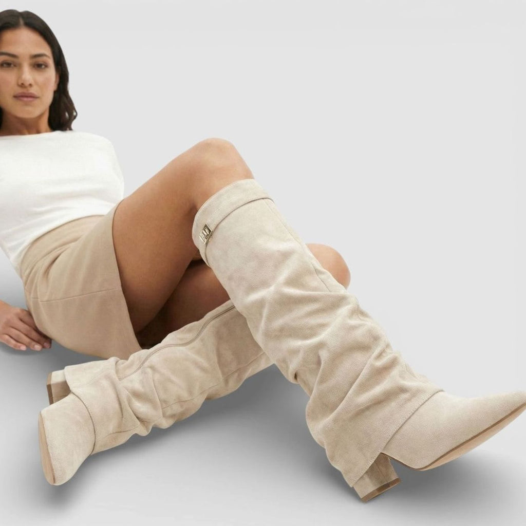 Women's Ruched Low-Heel Tall Boots with Pointed Toe and Side Buckle