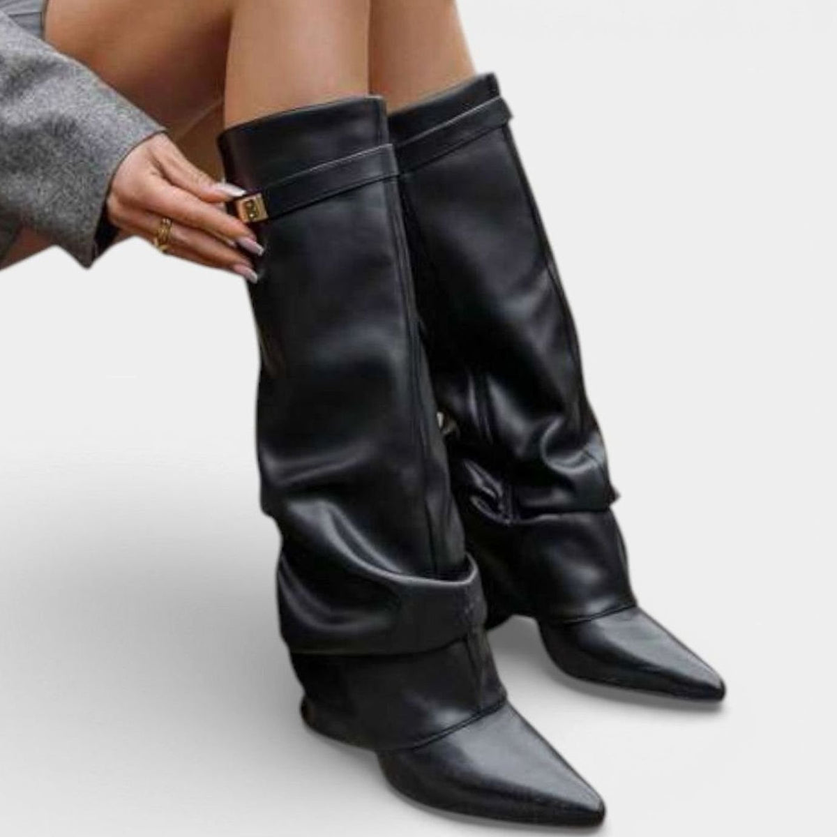 Women's Ruched Low-Heel Tall Boots with Pointed Toe and Side Buckle - Black Leather-Look