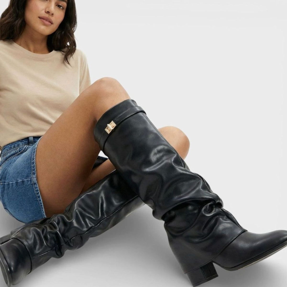 Women's Ruched Low-Heel Tall Boots with Pointed Toe and Side Buckle
