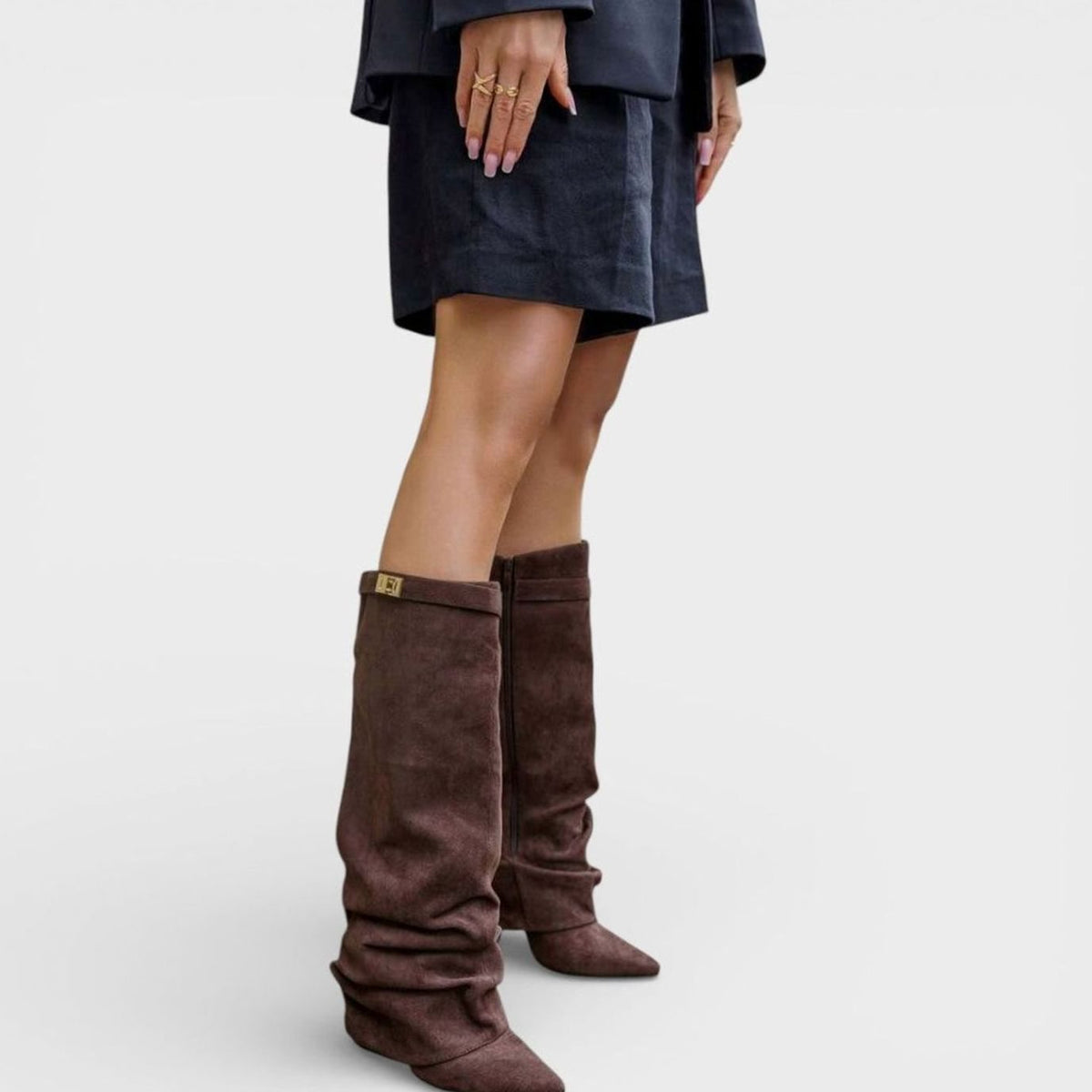 Women's Ruched Low-Heel Tall Boots with Pointed Toe and Side Buckle - Dark Brown