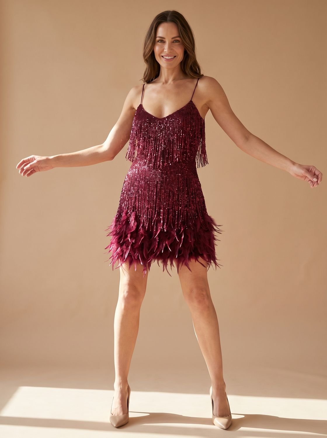 Women's Strappy Sequin Mini Dress with Full Feather Hem - Wine Red