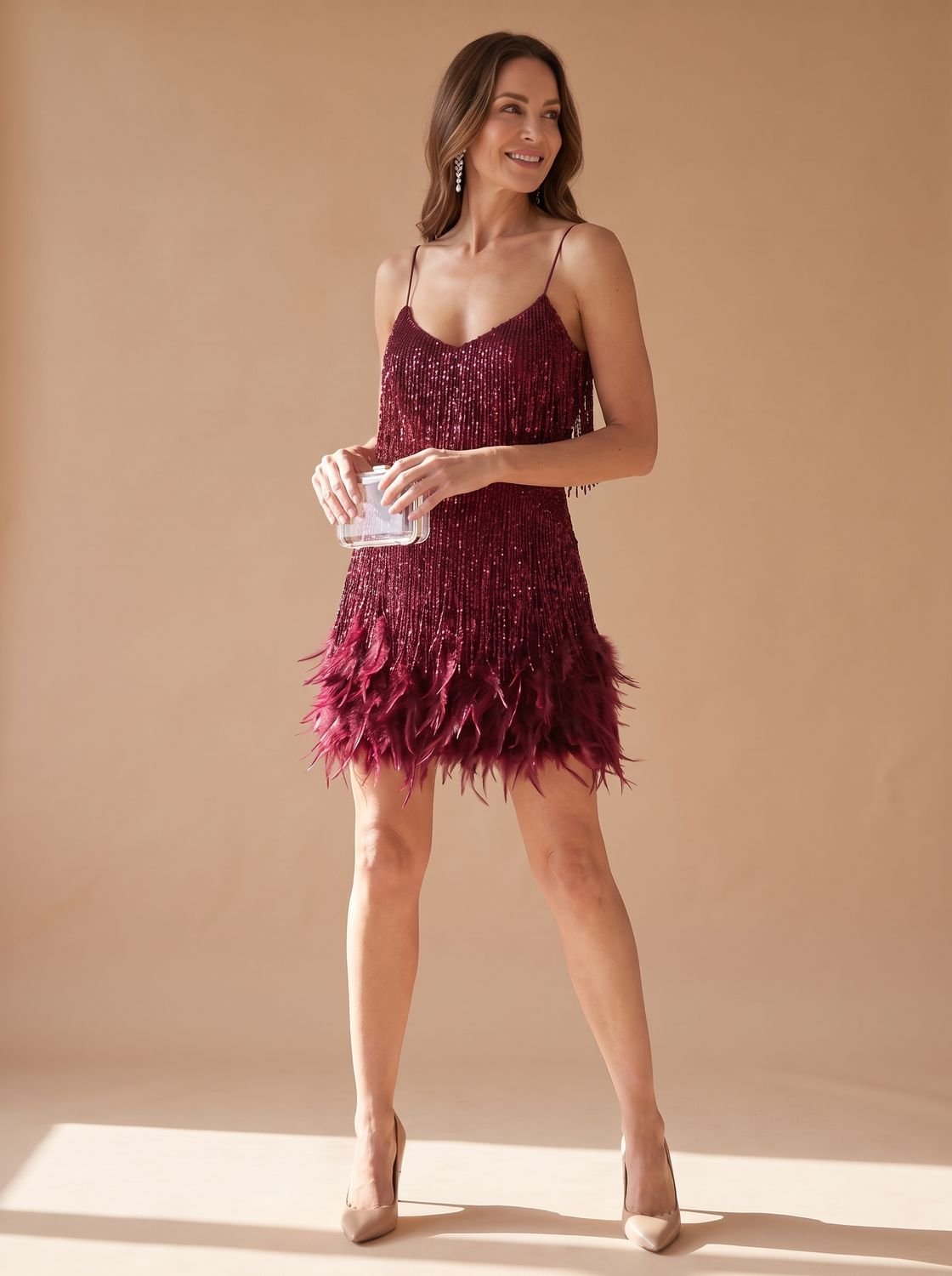 Women's Strappy Sequin Mini Dress with Full Feather Hem - Red