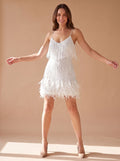 Women's Strappy Sequin Mini Dress with Full Feather Hem - White