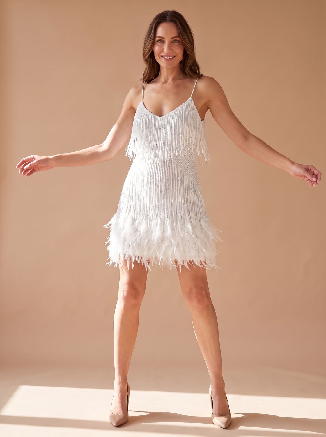 Women's Strappy Sequin Mini Dress with Full Feather Hem - White