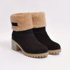Women's Lug Sole Pull-On Boots with Fold-Over Sherpa Cuff - Black