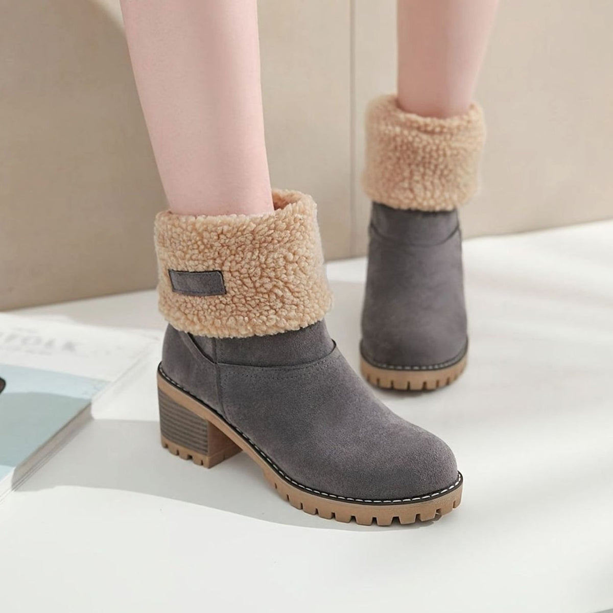 Women's Lug Sole Pull-On Boots with Fold-Over Sherpa Cuff