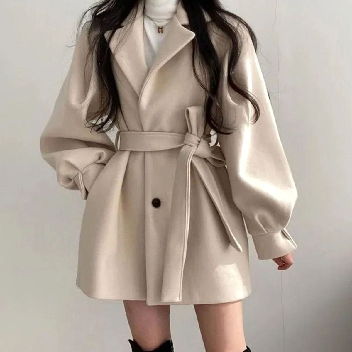 Women's Flared A-Line Swing Coat with Self-Tie Belt - White