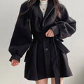 Women's Flared A-Line Swing Coat with Self-Tie Belt - Black