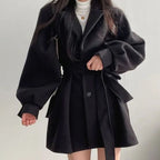 Women's Flared A-Line Swing Coat with Self-Tie Belt - Black