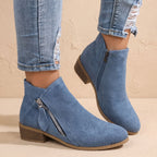 Women's Diagonal-Zip Faux Suede Ankle Boots with Roomy Toe Box - Blue