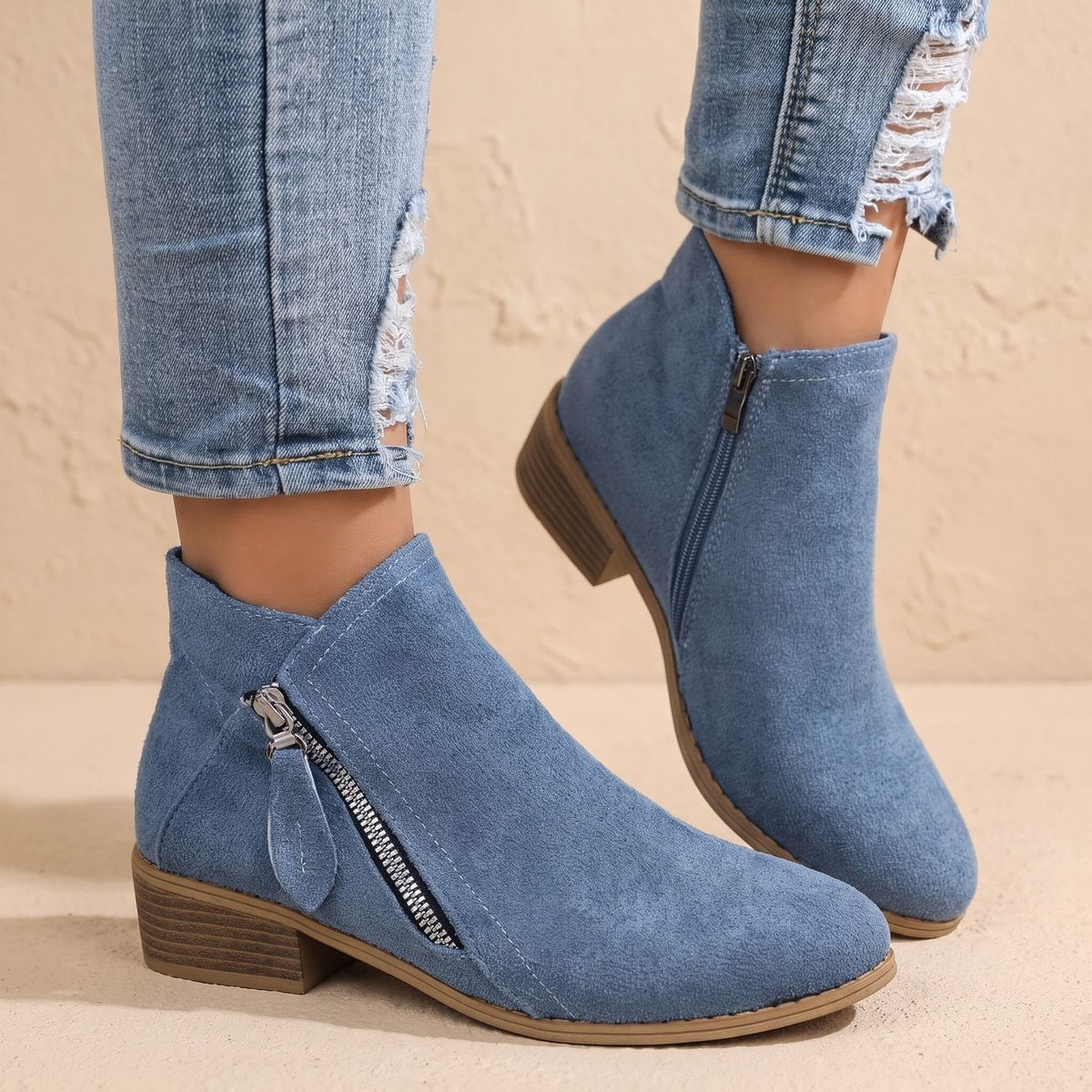 Women's Diagonal-Zip Faux Suede Ankle Boots with Roomy Toe Box - Blue