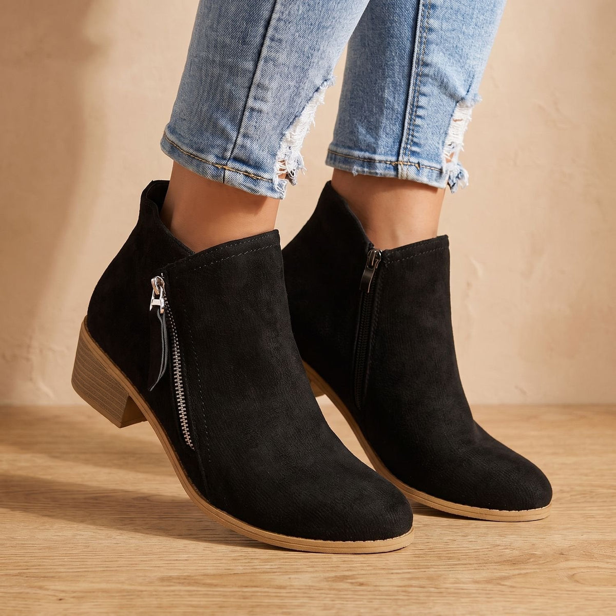 Women's Diagonal-Zip Faux Suede Ankle Boots with Roomy Toe Box