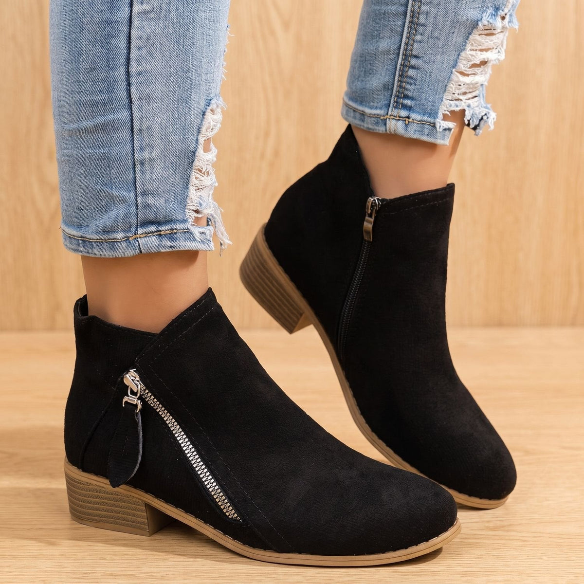 Women's Diagonal-Zip Faux Suede Ankle Boots with Roomy Toe Box - Black