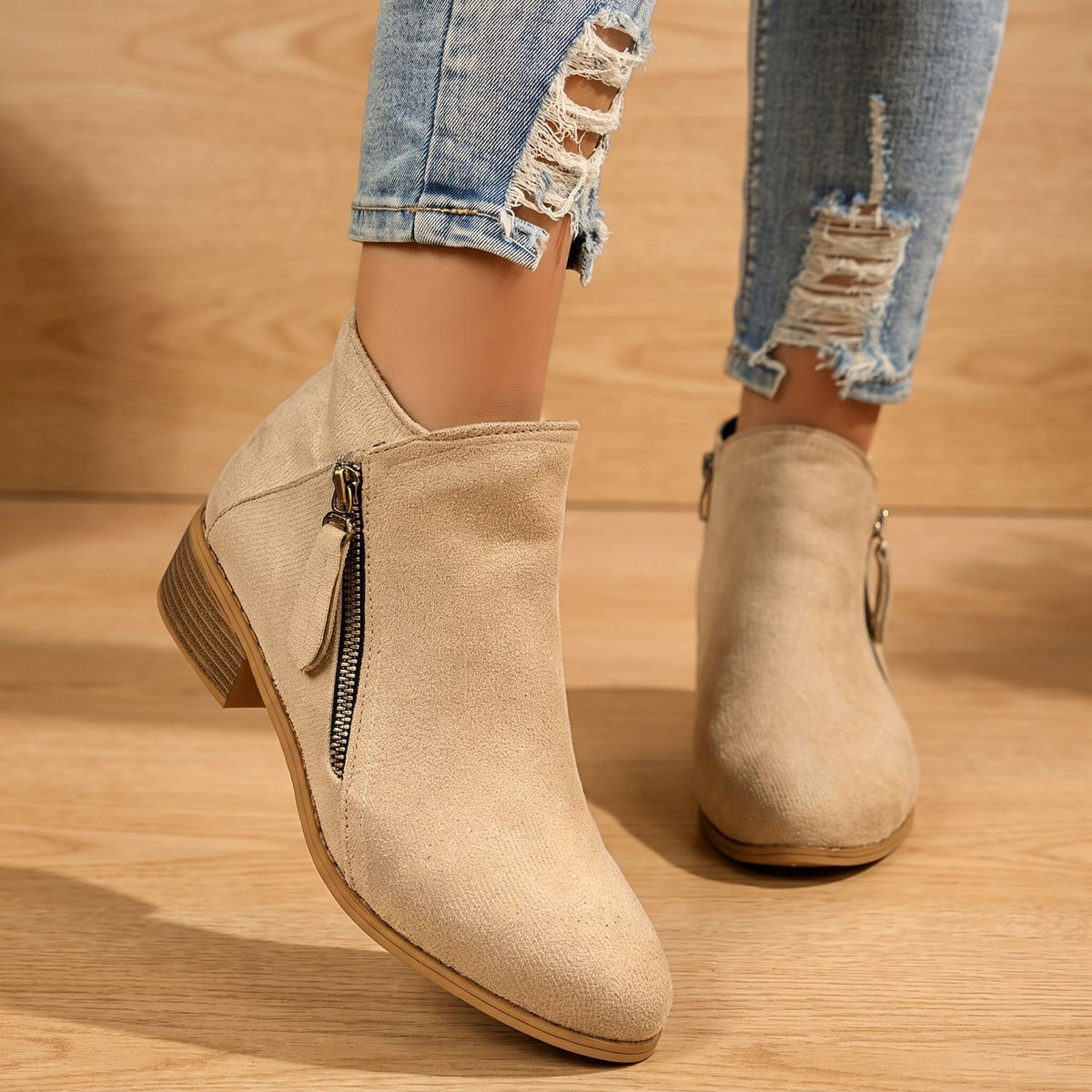 Women's Diagonal-Zip Faux Suede Ankle Boots with Roomy Toe Box - Beige