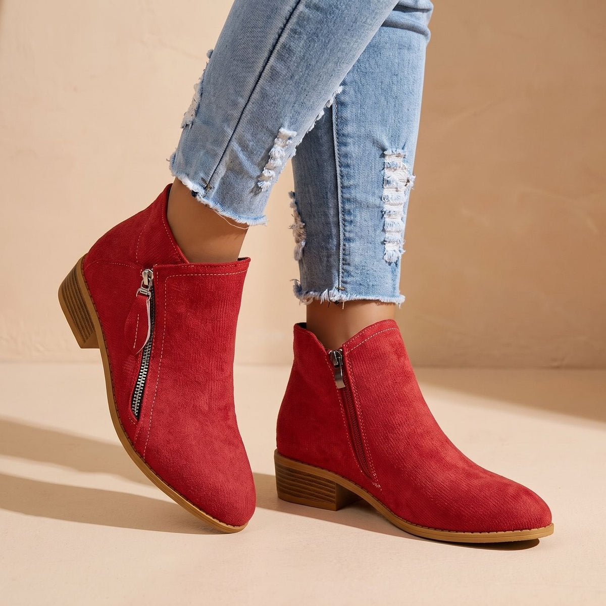 Women's Diagonal-Zip Faux Suede Ankle Boots with Roomy Toe Box - Red