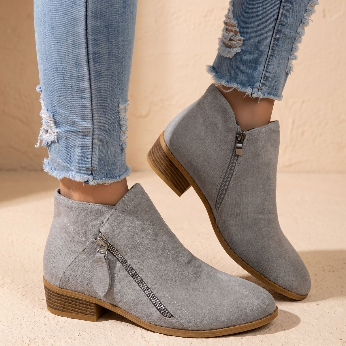 Women's Diagonal-Zip Faux Suede Ankle Boots with Roomy Toe Box - Grey