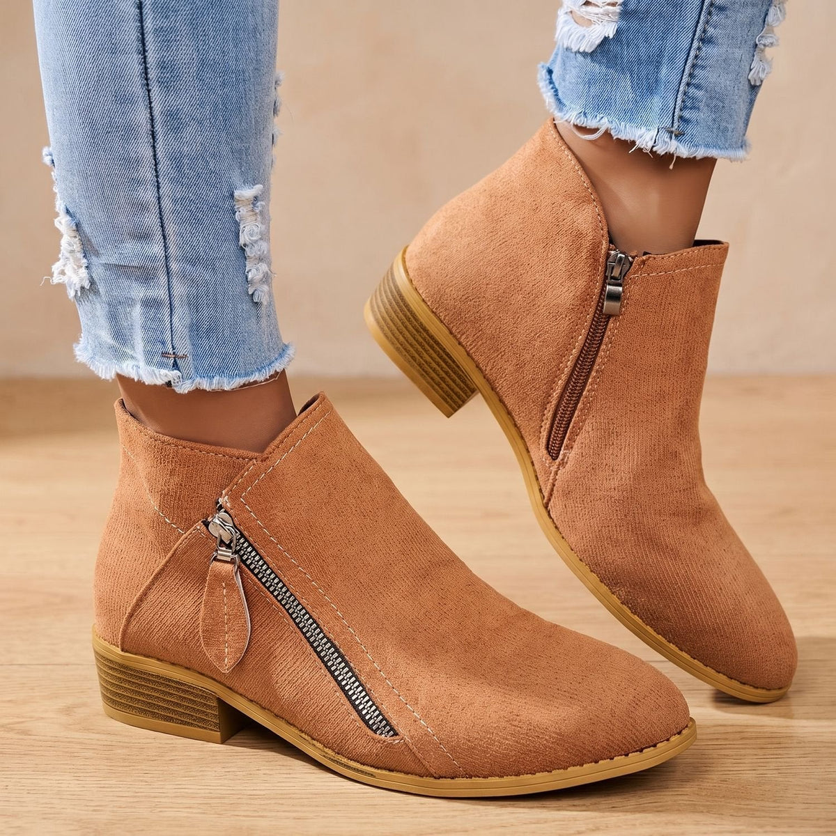 Women's Diagonal-Zip Faux Suede Ankle Boots with Roomy Toe Box - Brown