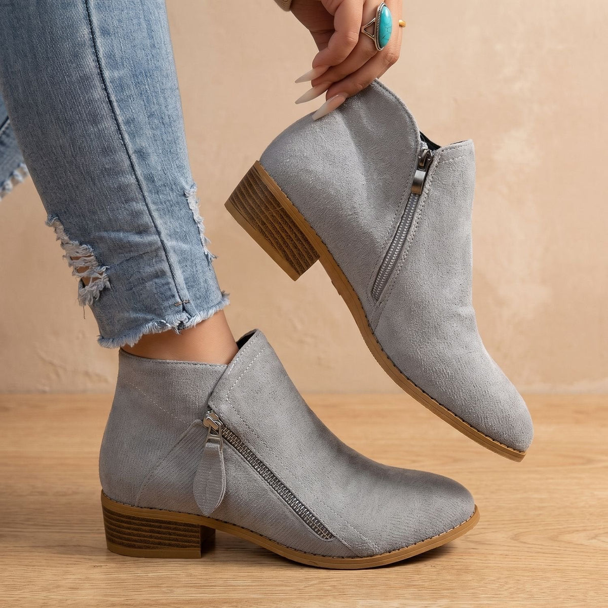 Women's Diagonal-Zip Faux Suede Ankle Boots with Roomy Toe Box