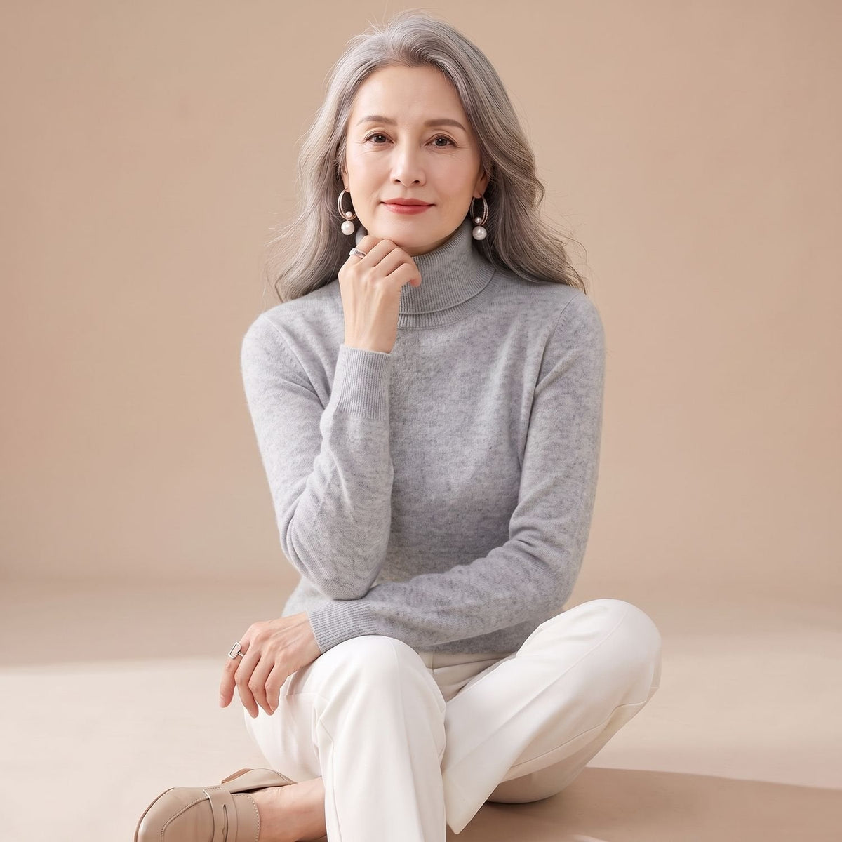 Women's Close-Fit Roll Neck Knit Jumper for Layering - Grey