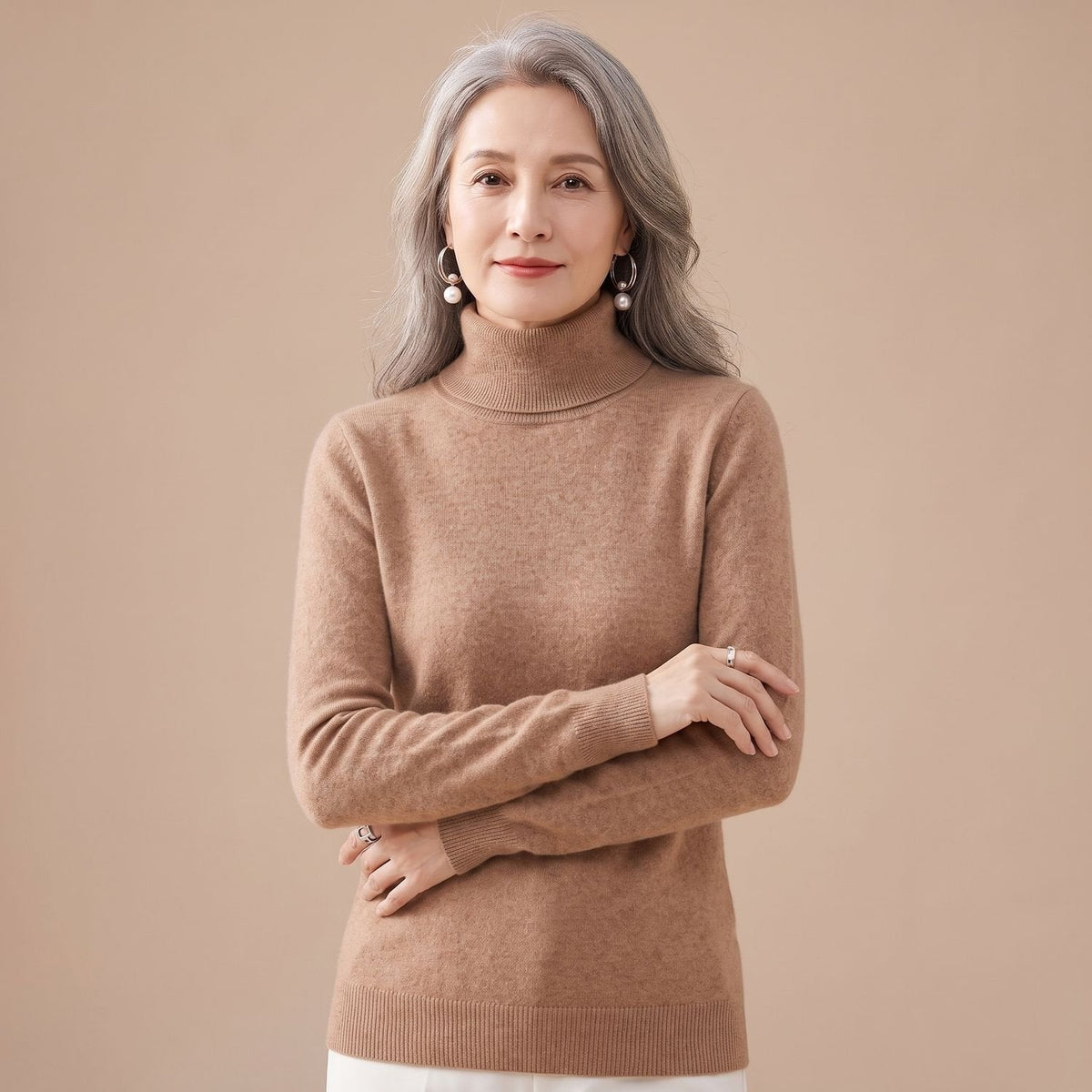 Women's Close-Fit Roll Neck Knit Jumper for Layering - Brown