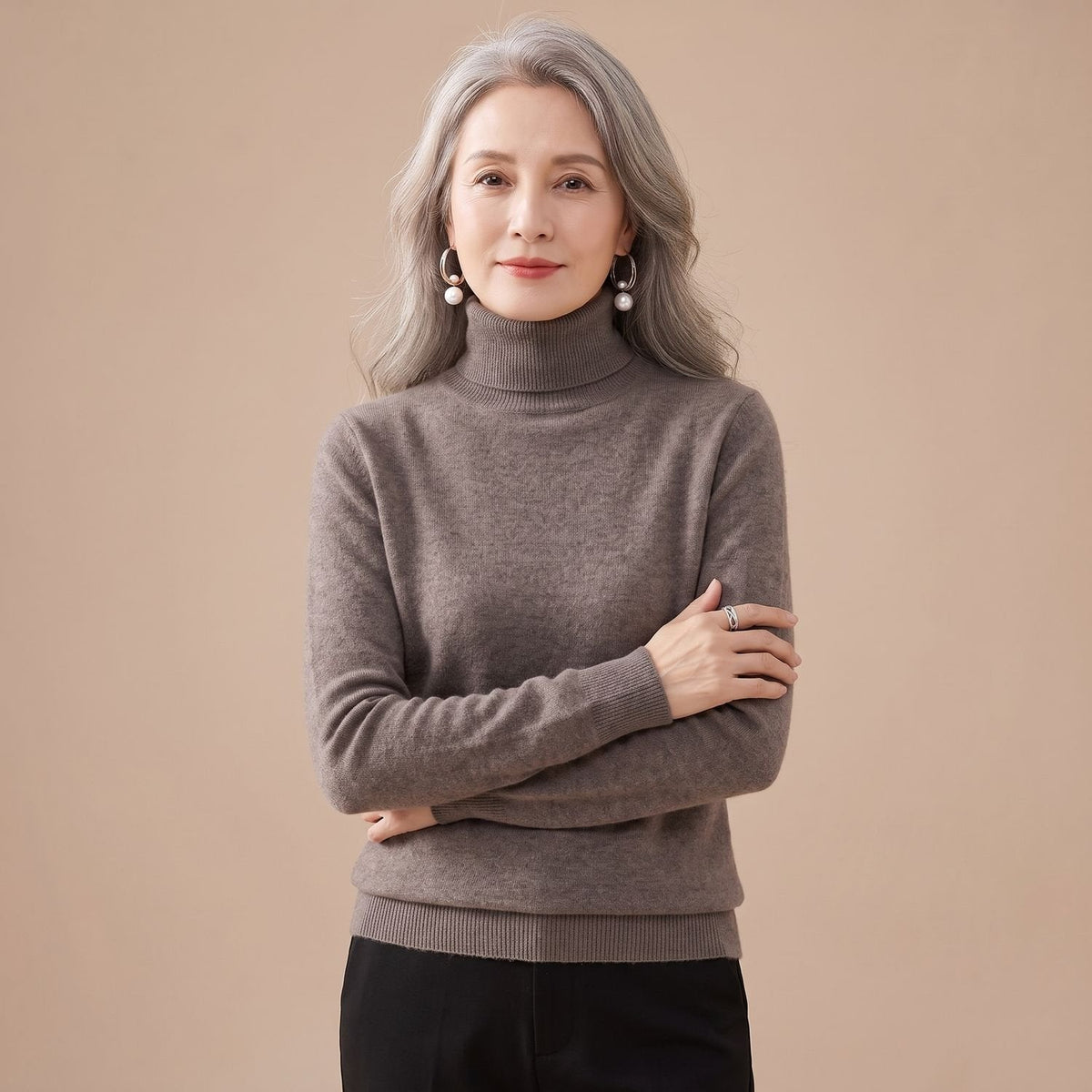Women's Close-Fit Roll Neck Knit Jumper for Layering - Dark Brown