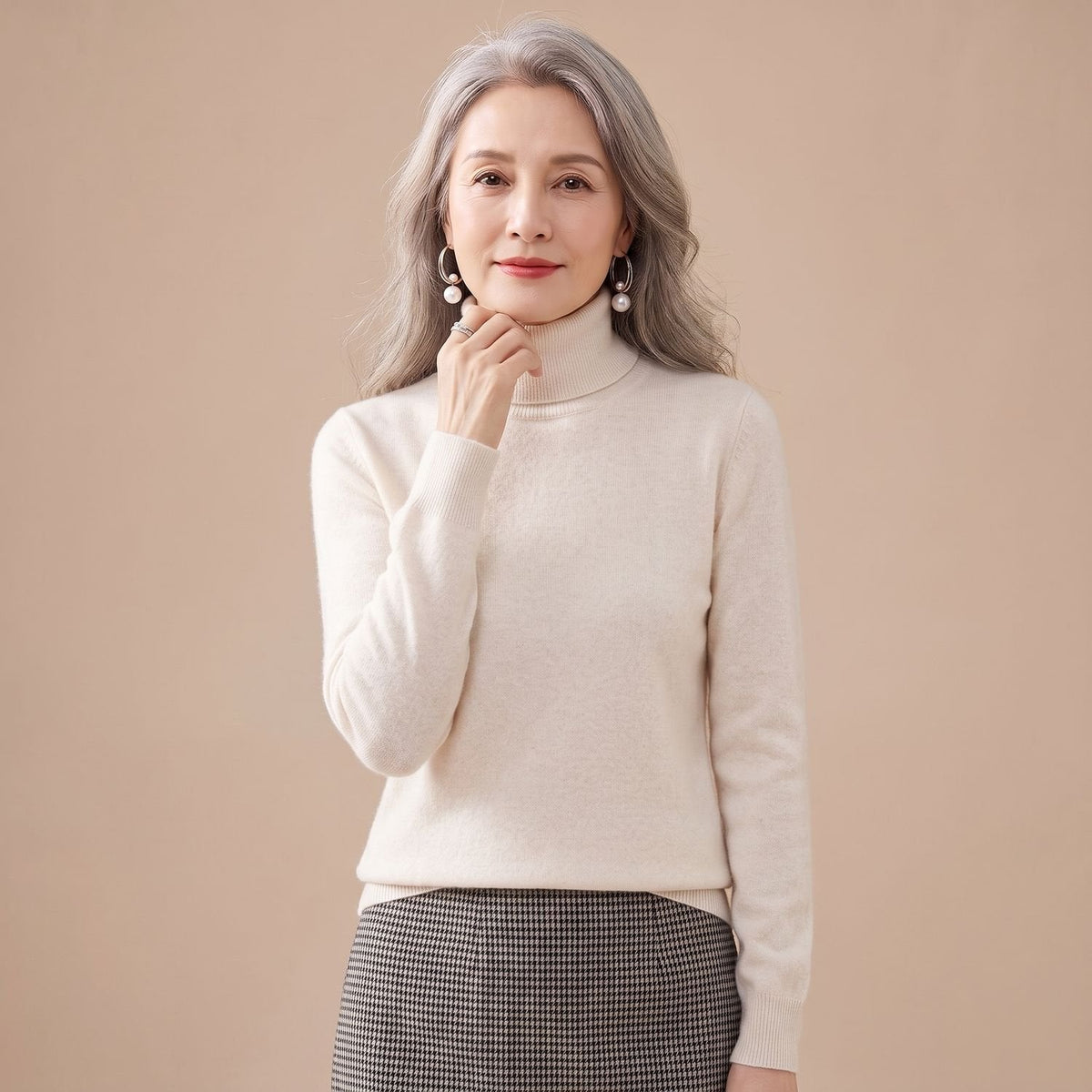 Women's Close-Fit Roll Neck Knit Jumper for Layering - Cream